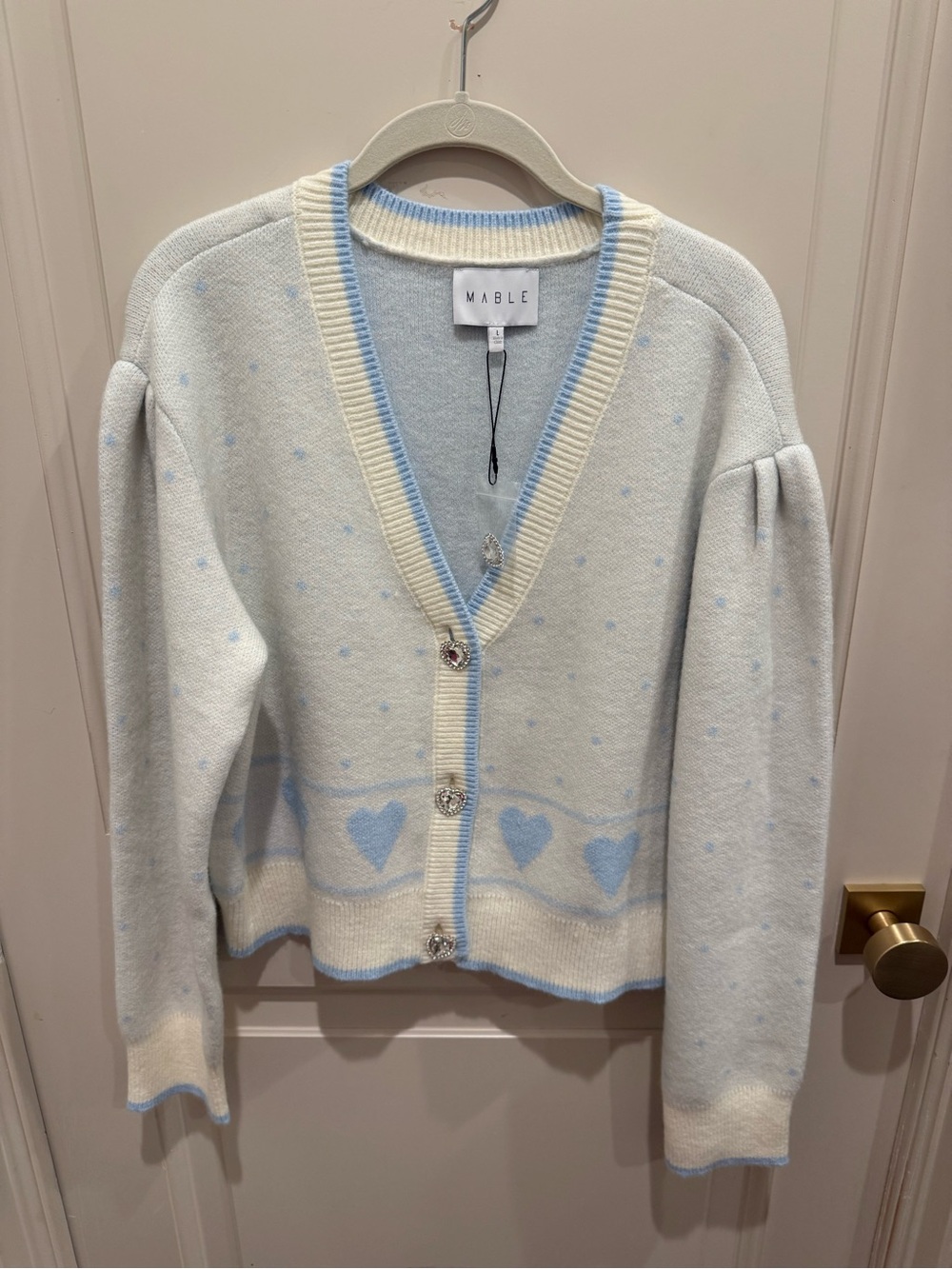 MABLE Cream Cardigan with Light Blue Heart Trim. NWT.